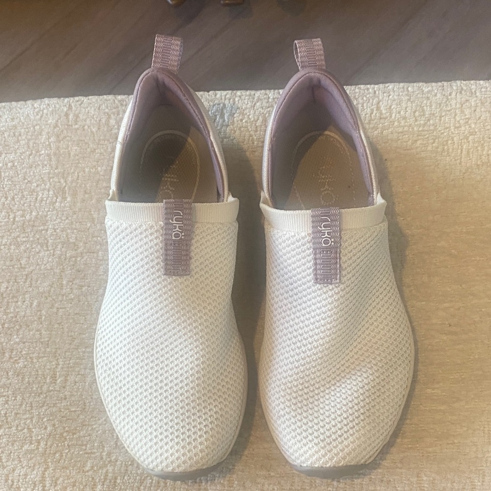 Ryka women’s White Slip-On Mesh Sneakers with Light lavender Accents